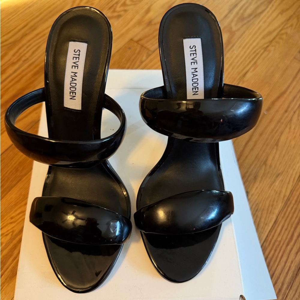 Steve Madden Black Patent Double-Strap Slide Heels